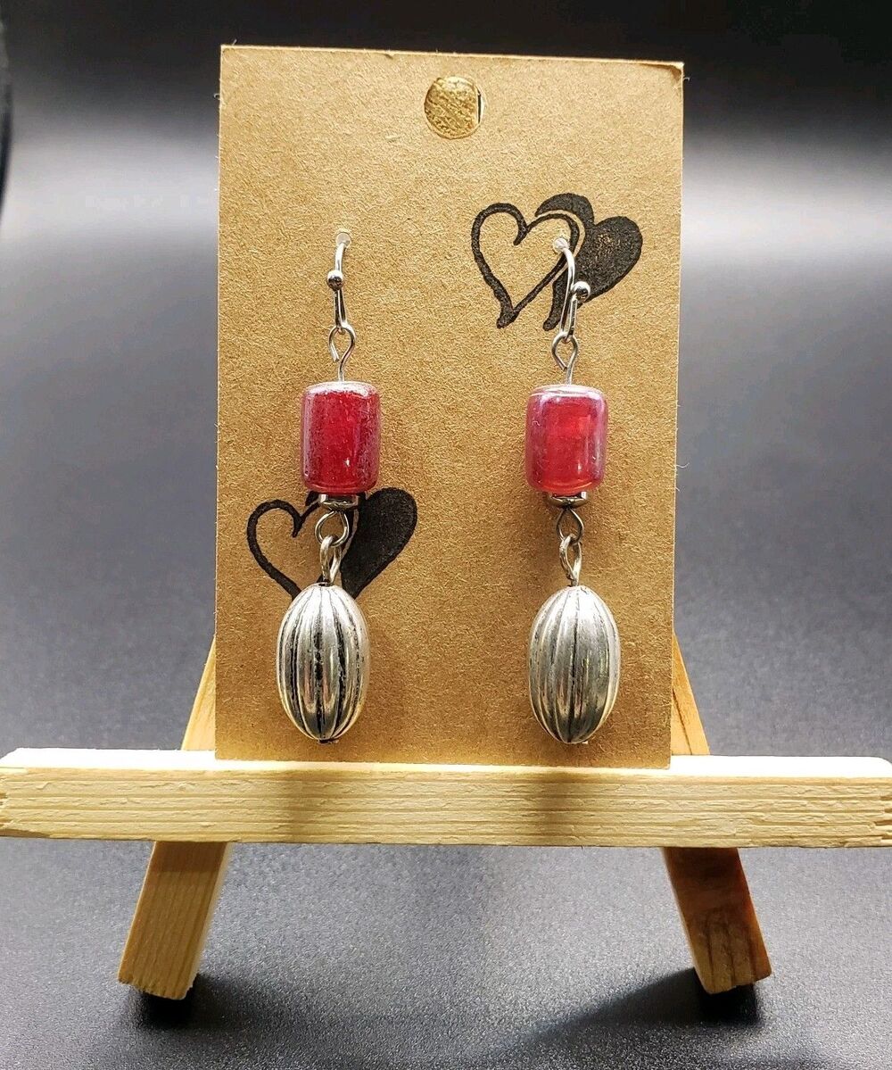 Dangle/Drop/Costume/ Red And Silver Glass & Ceramic Handcrafted Beaded Earrings!